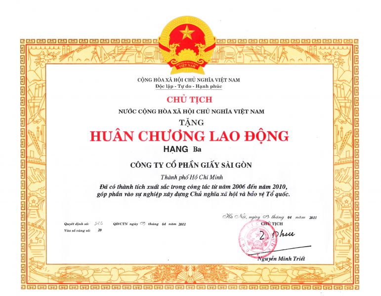 Huân chương Lao động Hạng 3 - Tập thể Công ty Cổ phần Giấy Sài Gòn